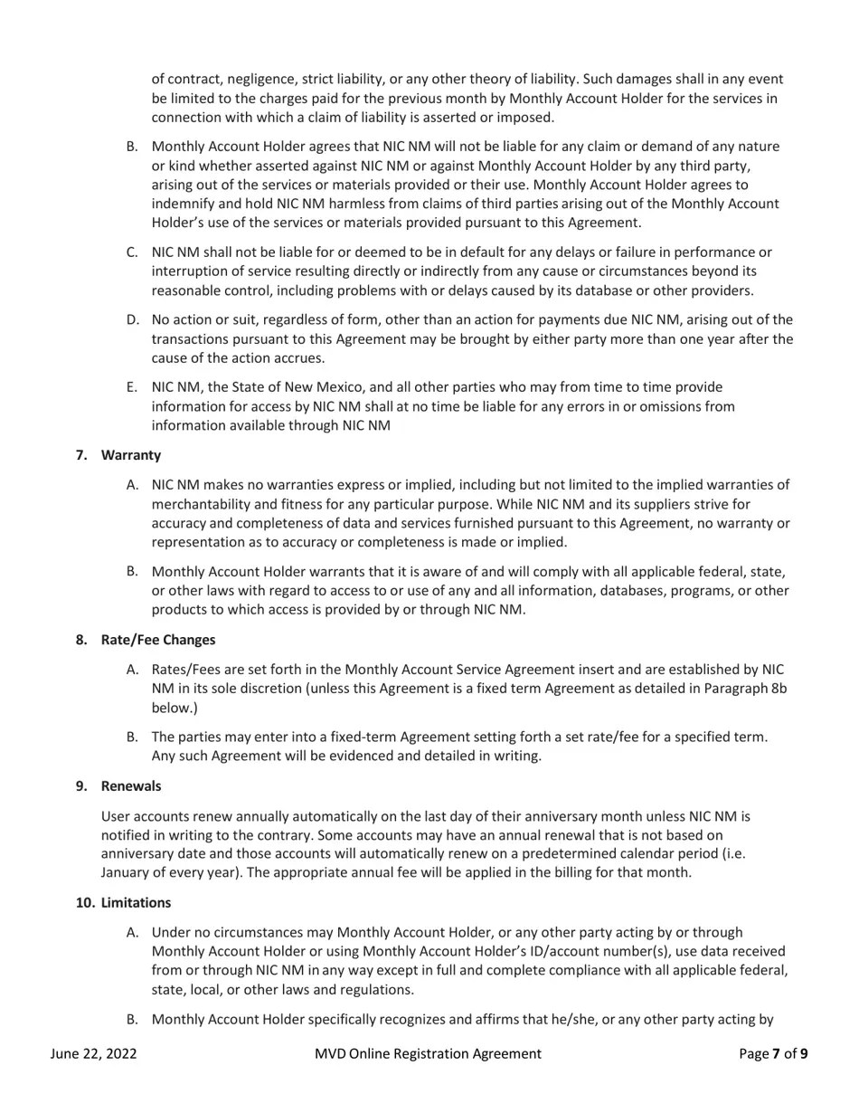 New Mexico Mvd Online Registration Agreement Download Printable PDF