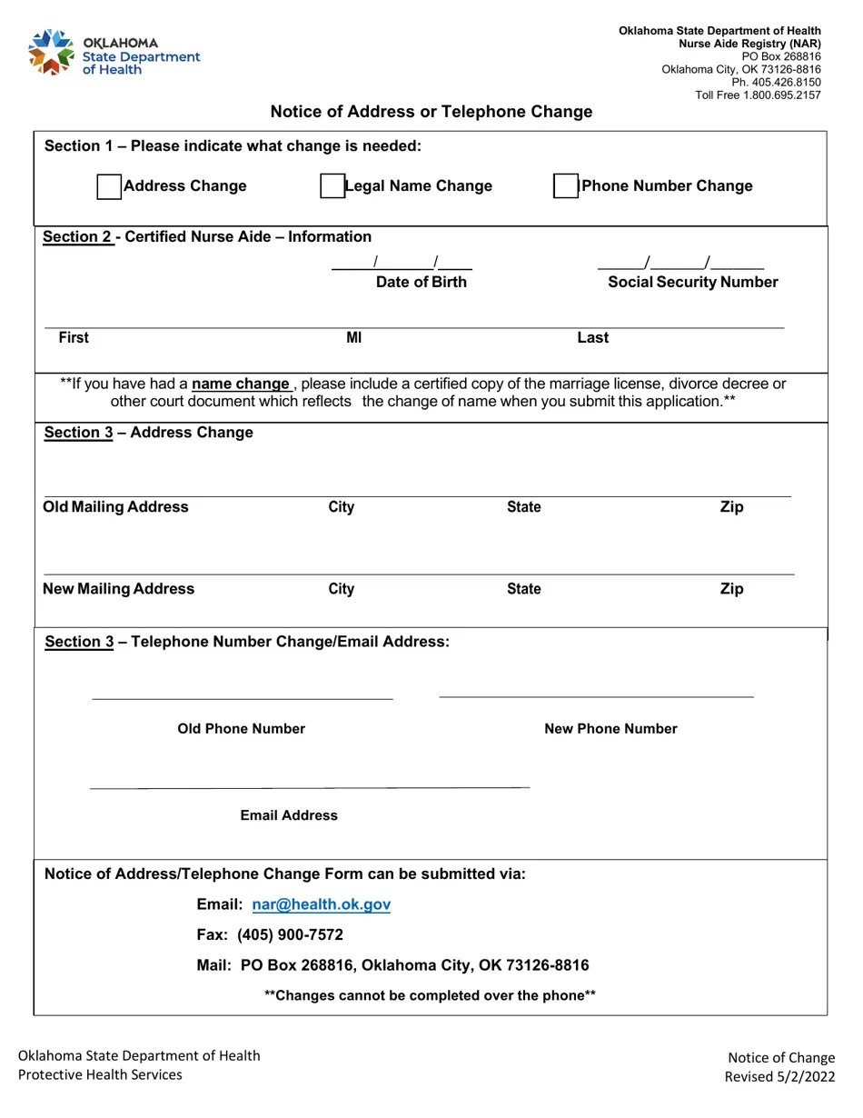 Oklahoma Notice of Address or Telephone Change Fill Out, Sign Online and Download PDF