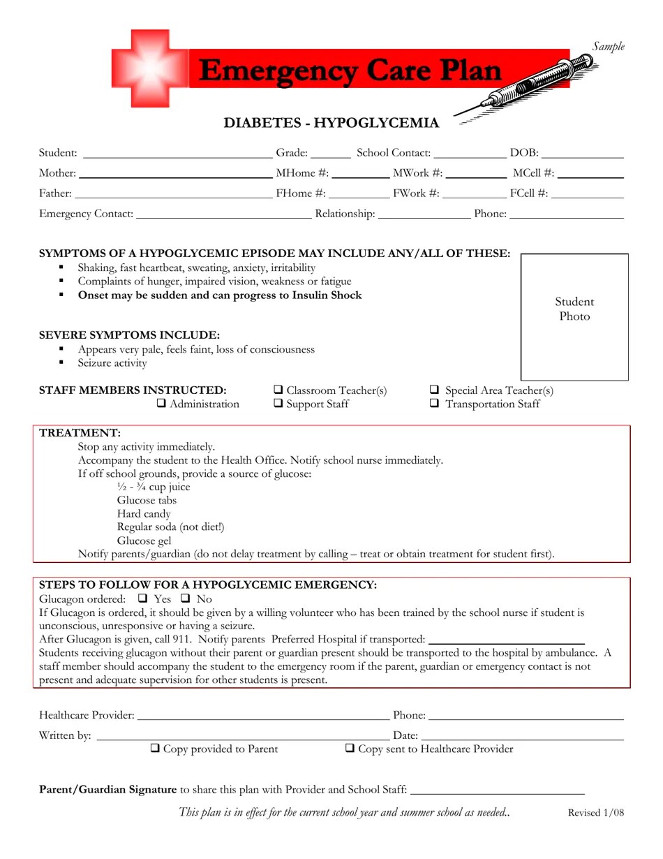 Oklahoma Emergency Care Plan Diabetes Hypoglycemia Fill Out, Sign
