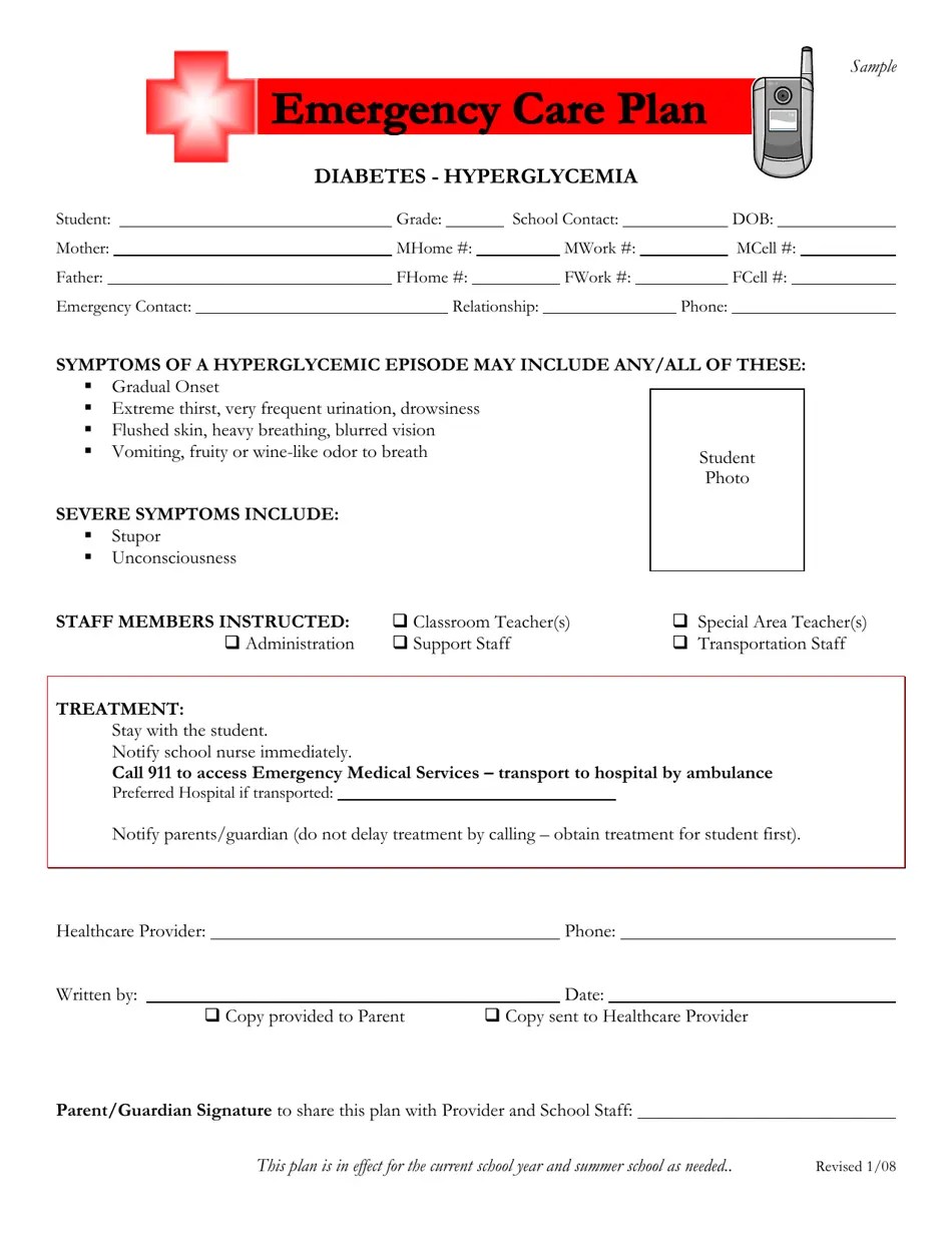 Oklahoma Emergency Care Plan Diabetes Hyperglycemia Fill Out