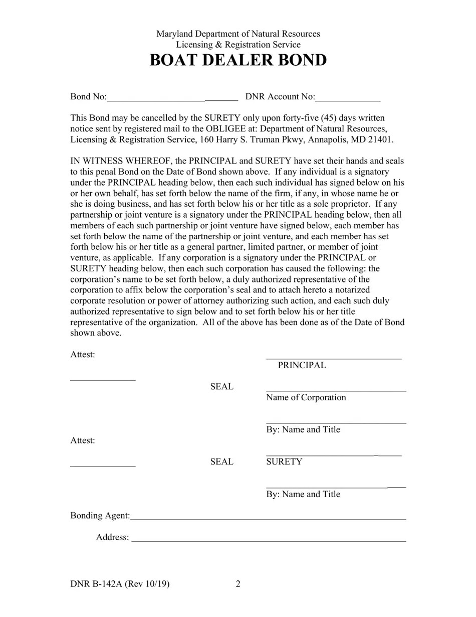 DNR Form B142A Download Printable PDF or Fill Online Boat Dealer Bond, Maryland Templateroller