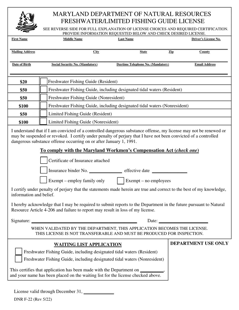 DNR Form F22 Download Fillable PDF or Fill Online Freshwater/Limited Fishing Guide License