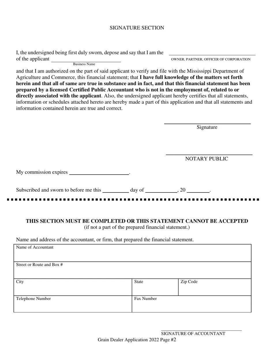 Mississippi Application for Grain Dealer License Fill Out, Sign