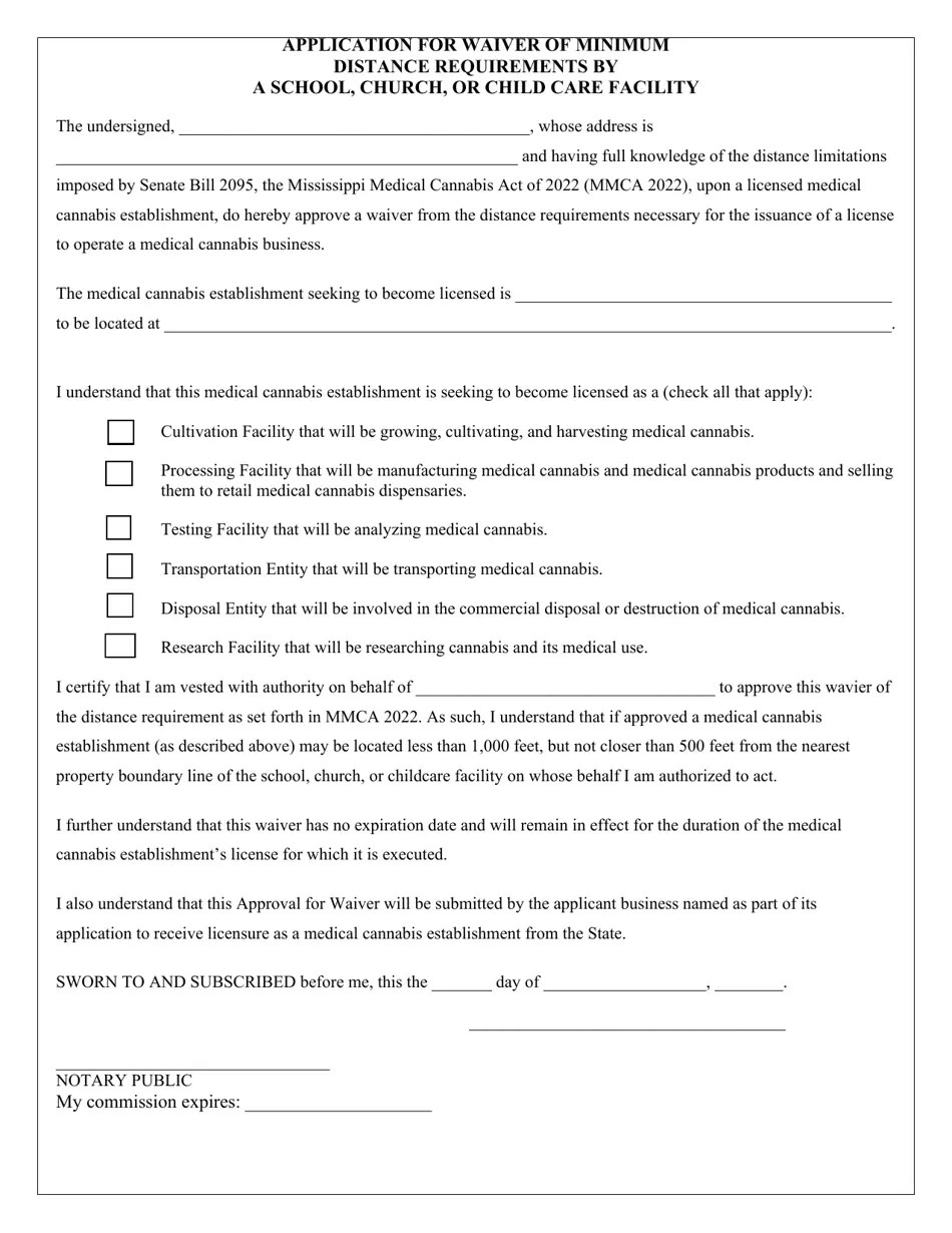Mississippi Application for Waiver of Minimum Distance Requirements by