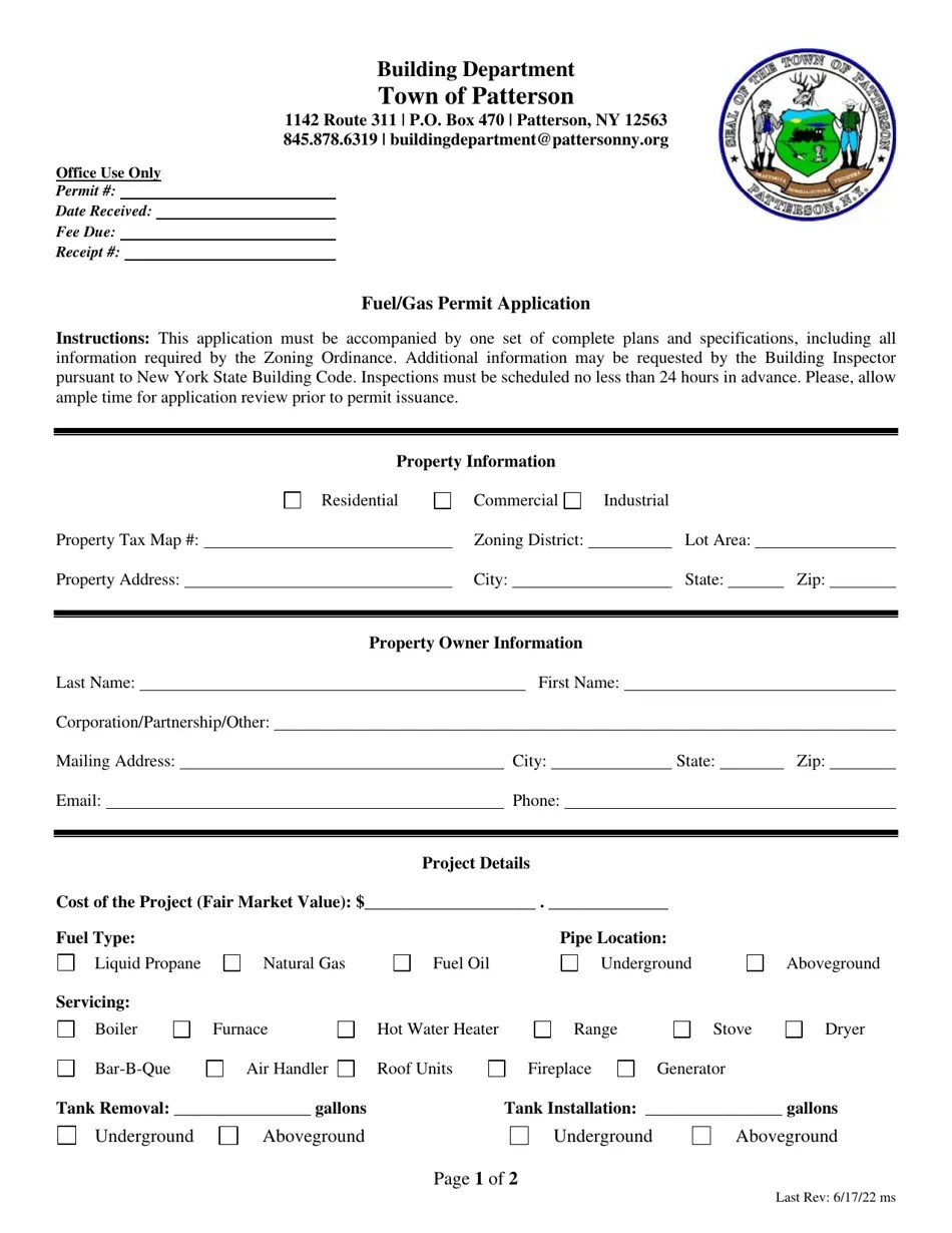 Town of Patterson, New York Fuel/Gas Permit Application Fill Out