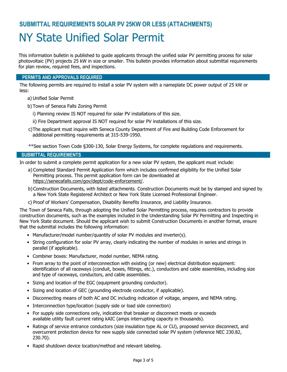 Town of Seneca Falls, New York Ny State Unified Solar Permit