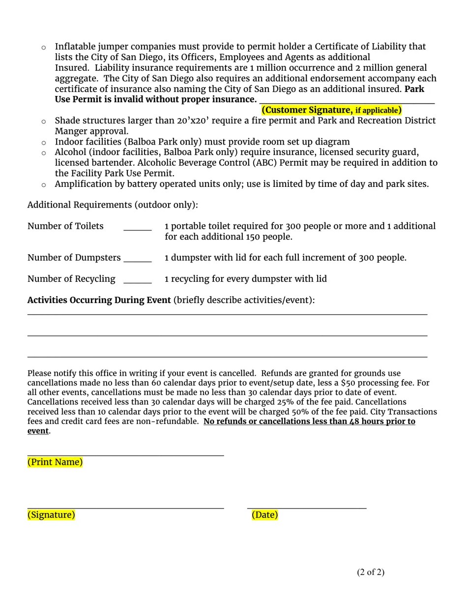City of San Diego, California Facility and Park Use Permit Application Fill Out, Sign Online
