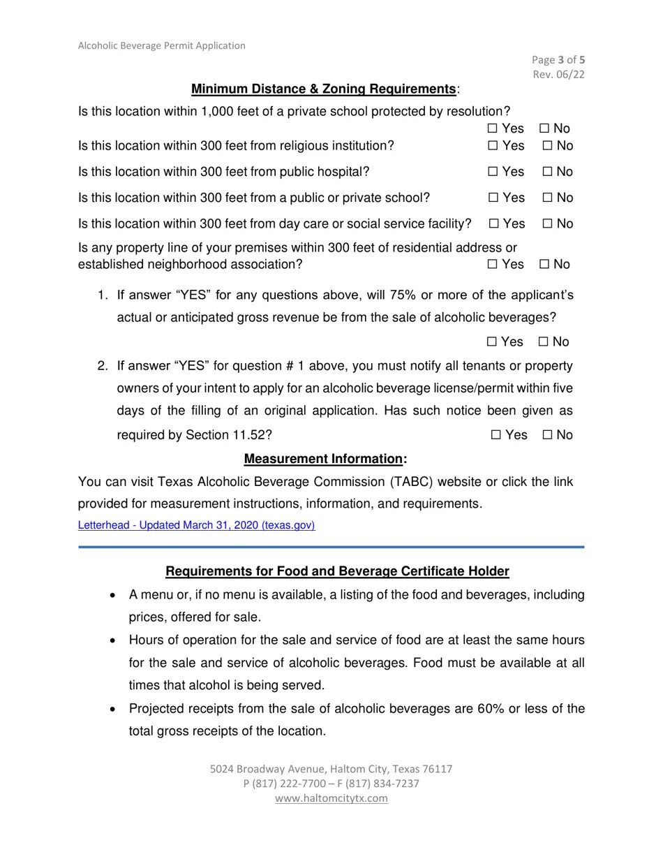 Haltom City, Texas Alcoholic Beverage License/Permit Application Fill