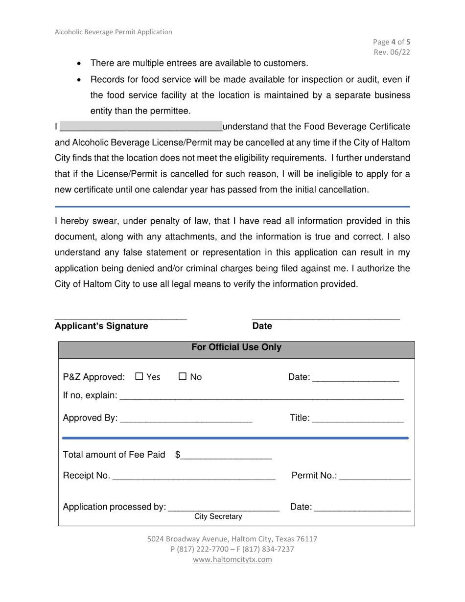 Haltom City, Texas Alcoholic Beverage License/Permit Application Fill