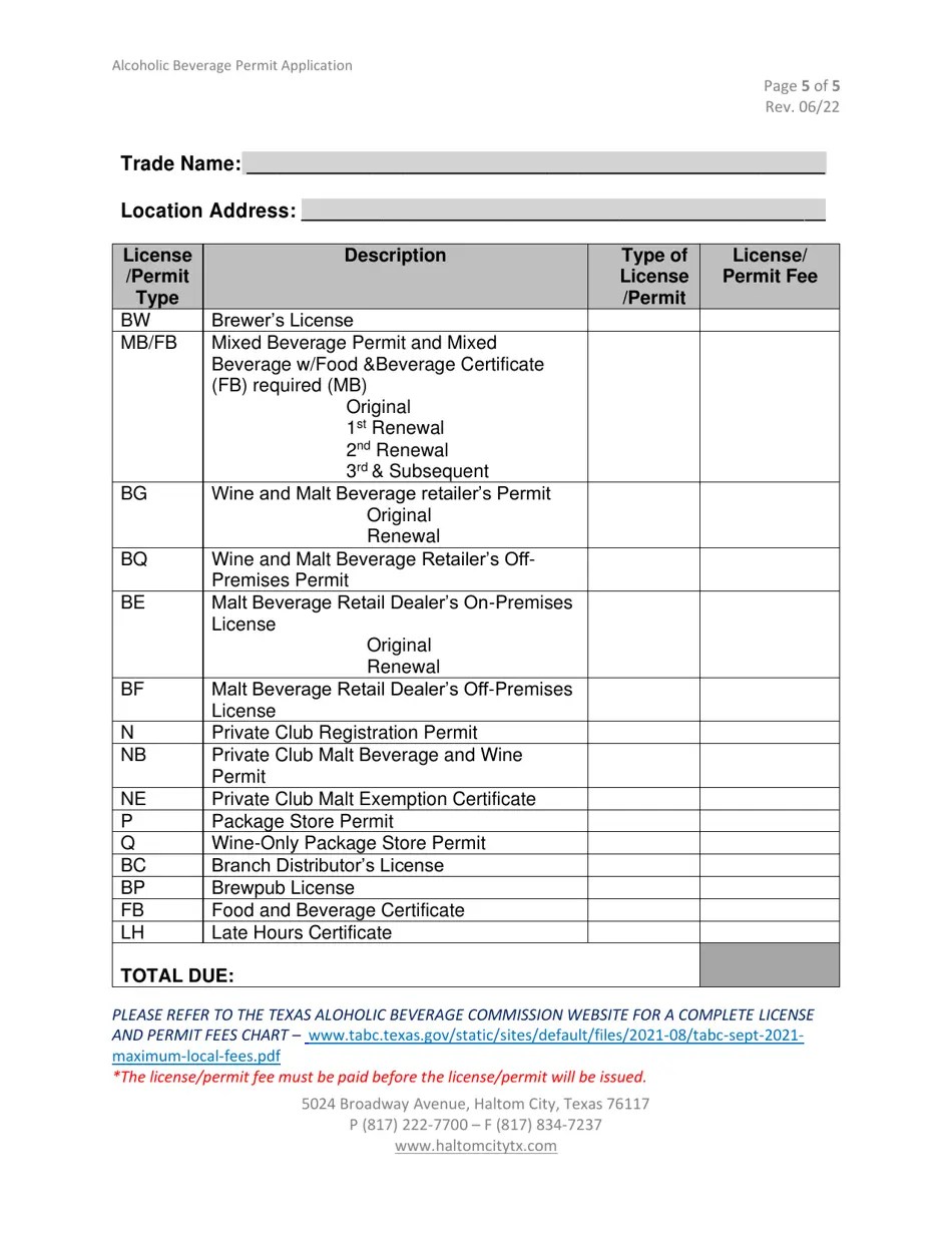 Haltom City, Texas Alcoholic Beverage License/Permit Application Fill