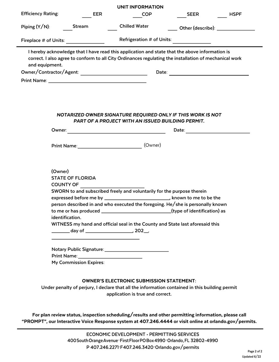 City of Orlando, Florida Mechanical Permit Application Fill Out, Sign