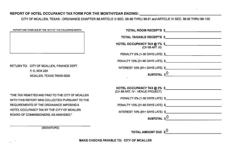 City of McAllen, Texas Report of Hotel Occupancy Tax Form Fill Out