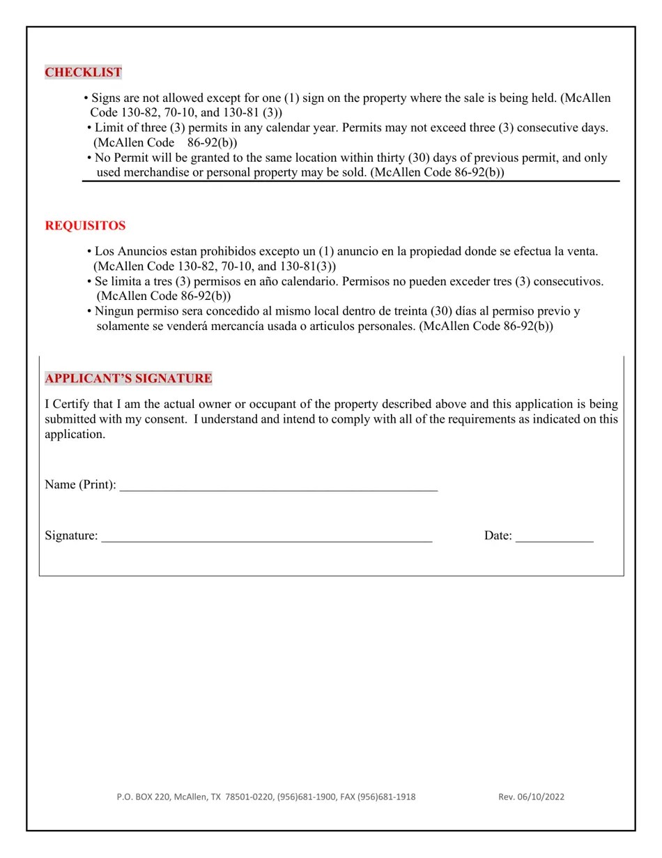 City of McAllen, Texas Application for Garage Sale, Porch Sale, Non