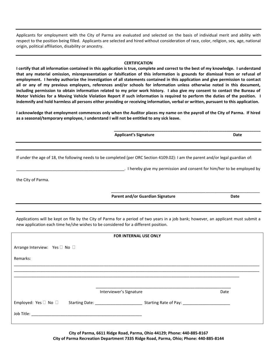 City of Parma, Ohio Application for Employment PartTime/Seasonal