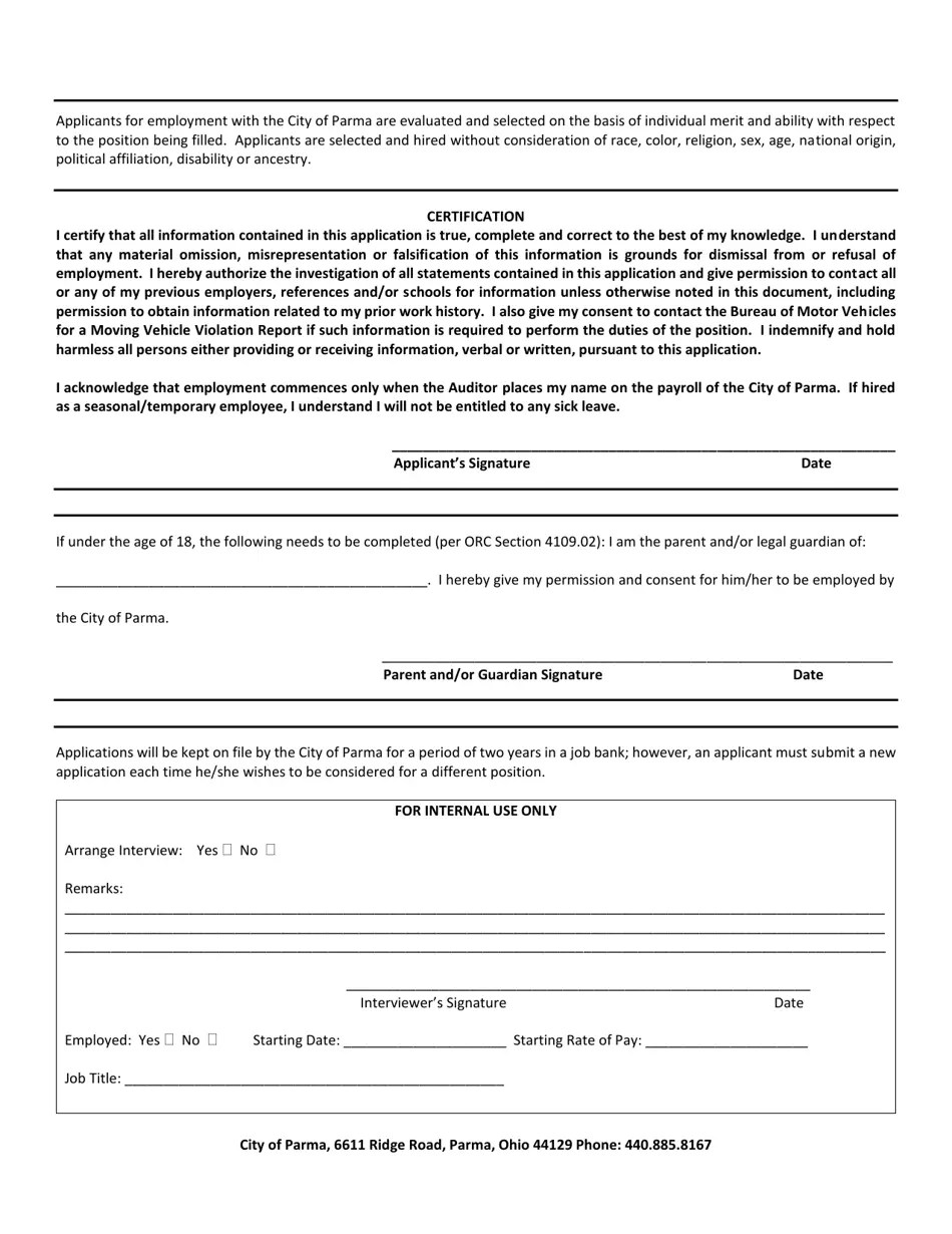 City of Parma, Ohio Application for Employment FullTime Fill Out