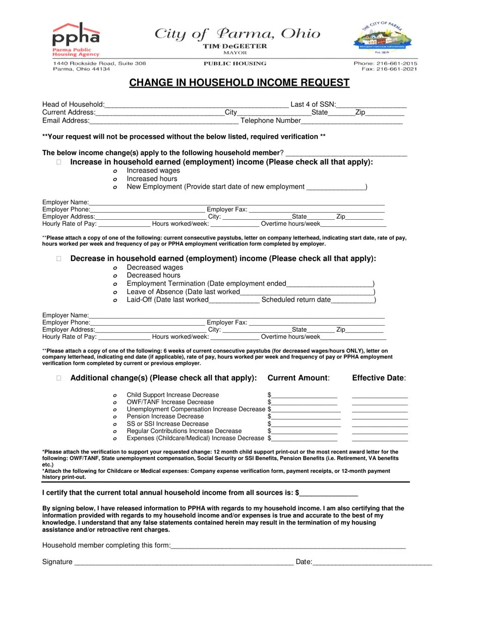 City of Parma, Ohio Change in Household Request Fill Out, Sign