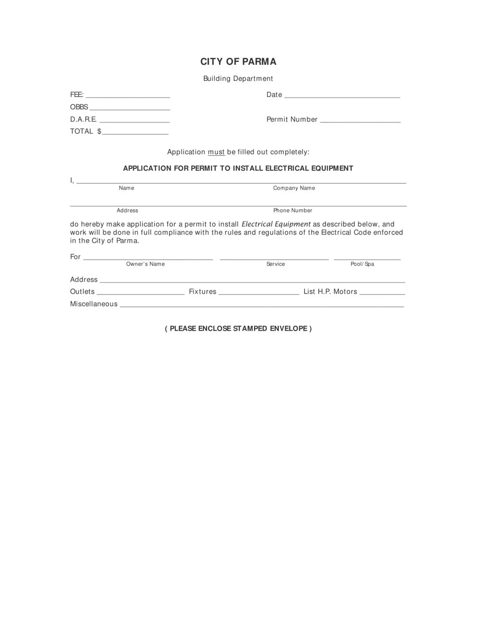 City of Parma, Ohio Application for Permit to Install Electrical