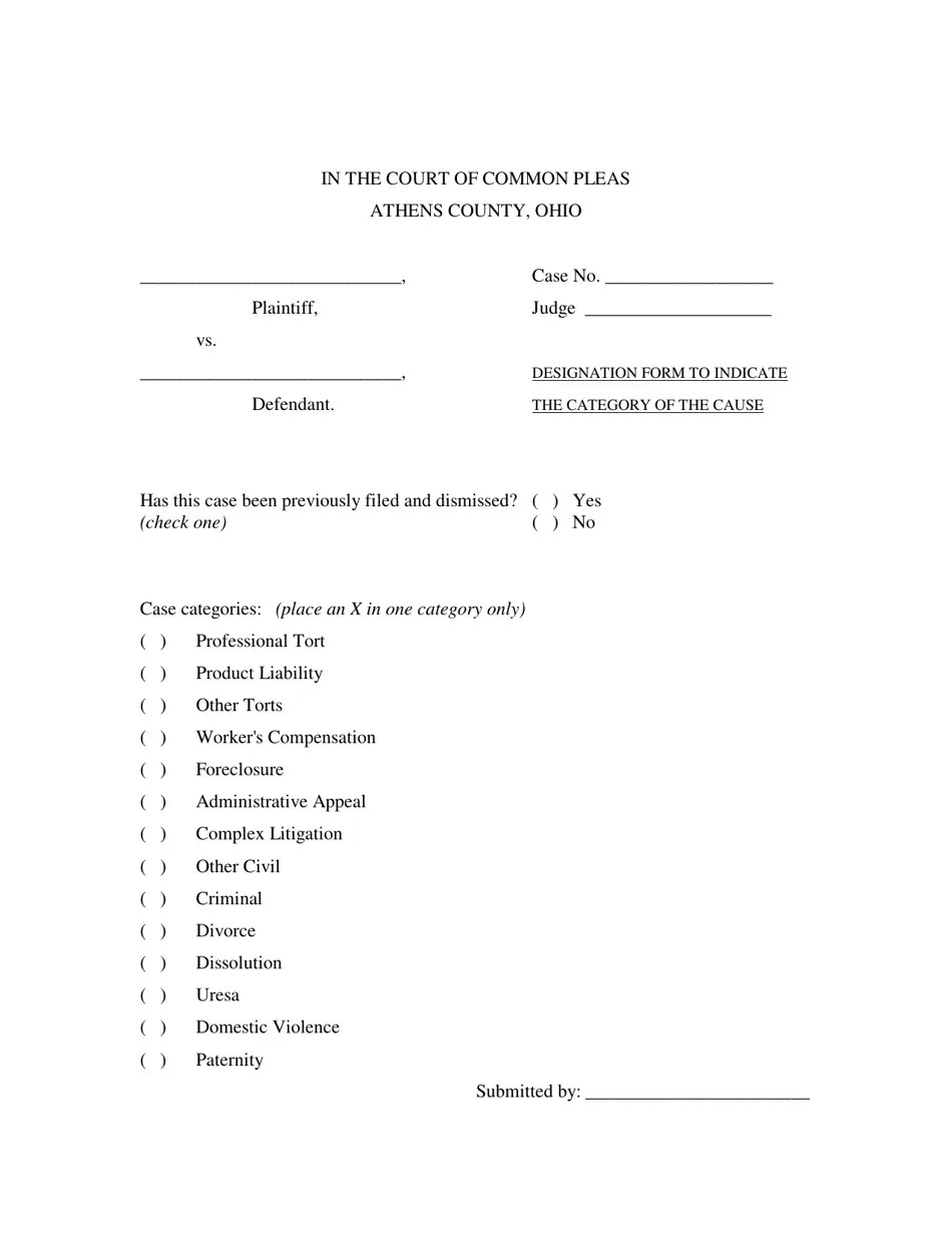 Athens County, Ohio Designation Form to Indicate the Category of the