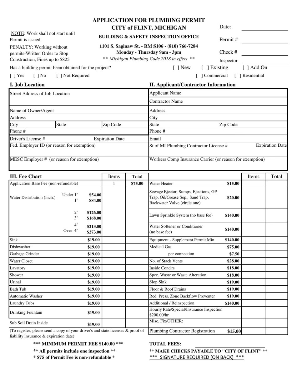 City of Flint, Michigan Application for Plumbing Permit Fill Out