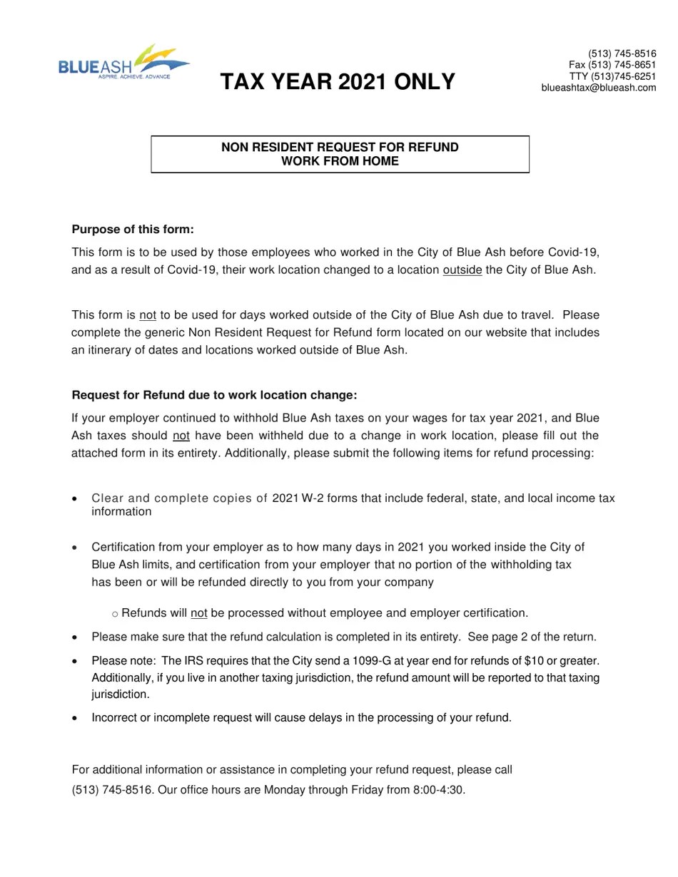 2021 City of Blue Ash, Ohio Nonresident Work From Home Refund Request