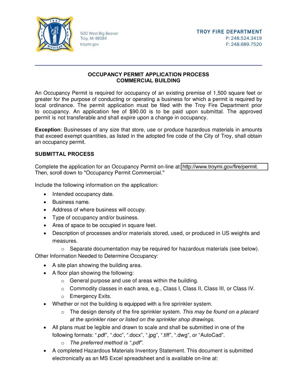 City of Troy, Michigan Occupancy Permit Application Commercial Fill