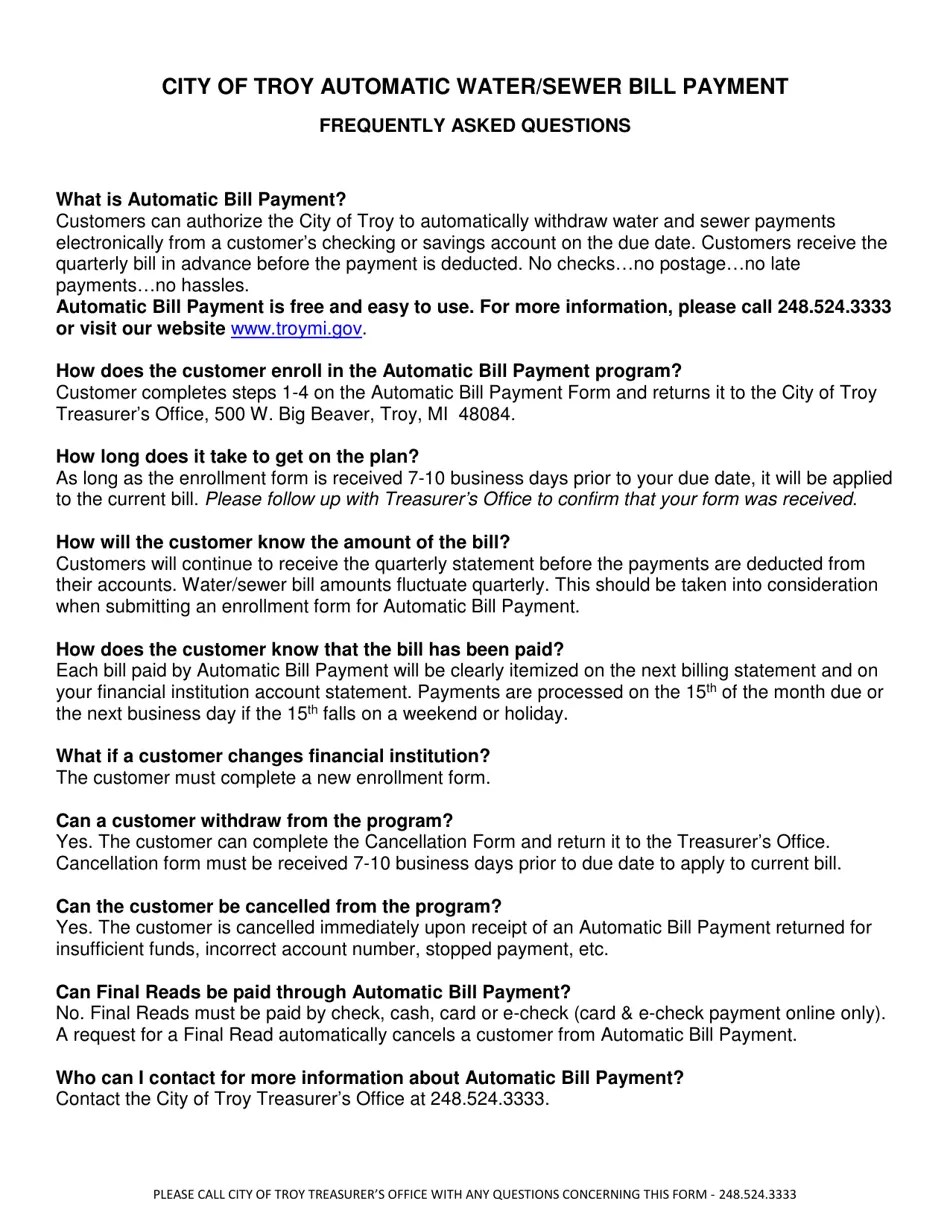 City of Troy, Michigan Automatic Water/Sewer Bill Payment Enrollment