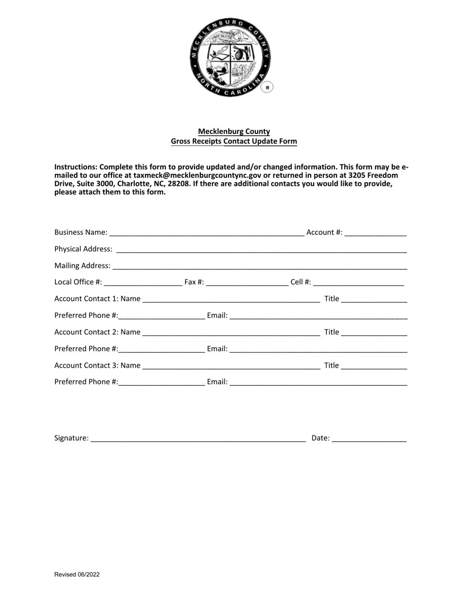 Mecklenburg County, North Carolina Gross Receipts Contact Update Form
