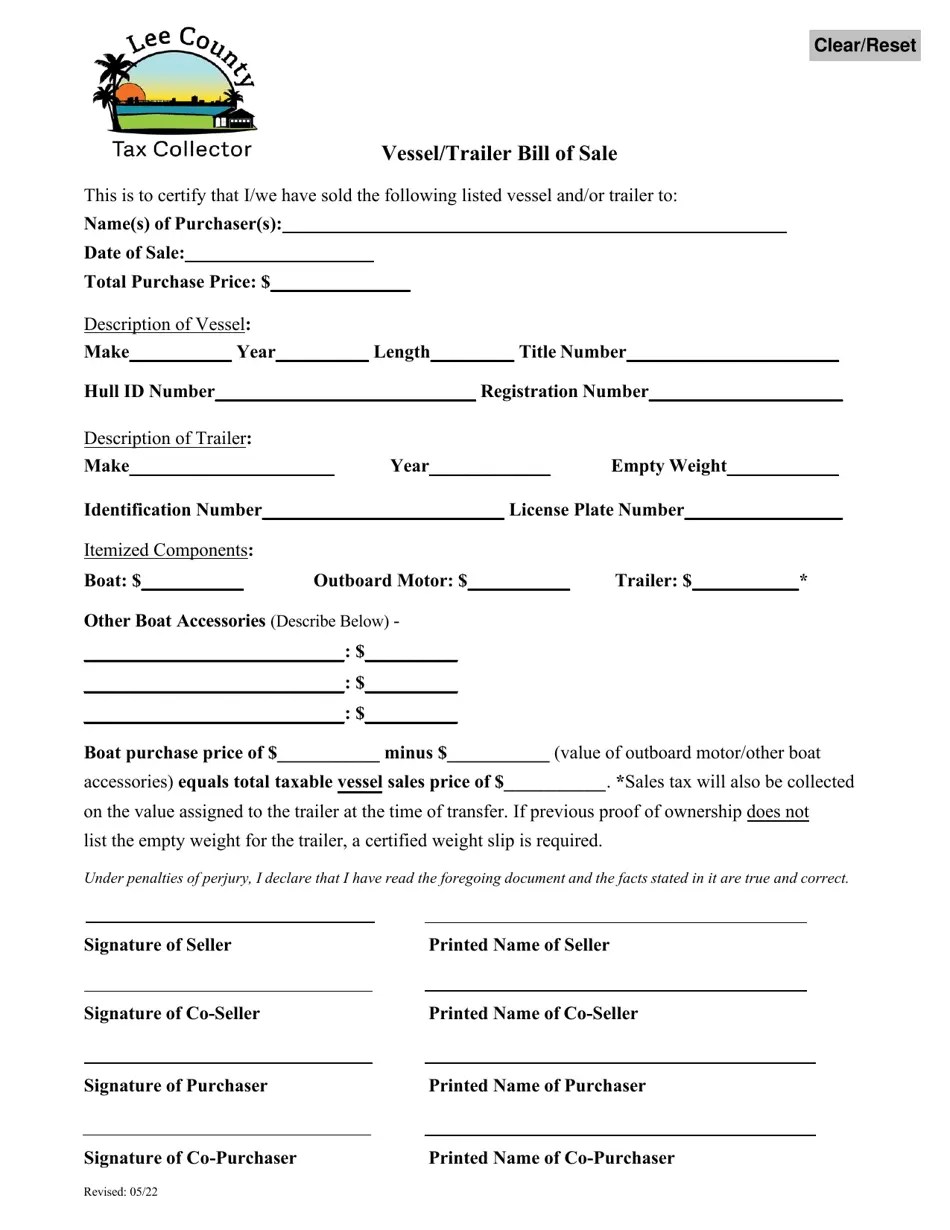 Lee County, Florida Vessel/Trailer Bill of Sale Fill Out, Sign Online