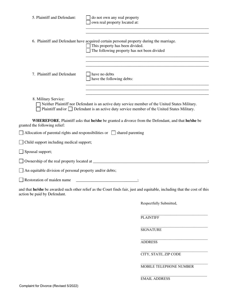 Cuyahoga County, Ohio Complaint for Divorce Fill Out, Sign Online and