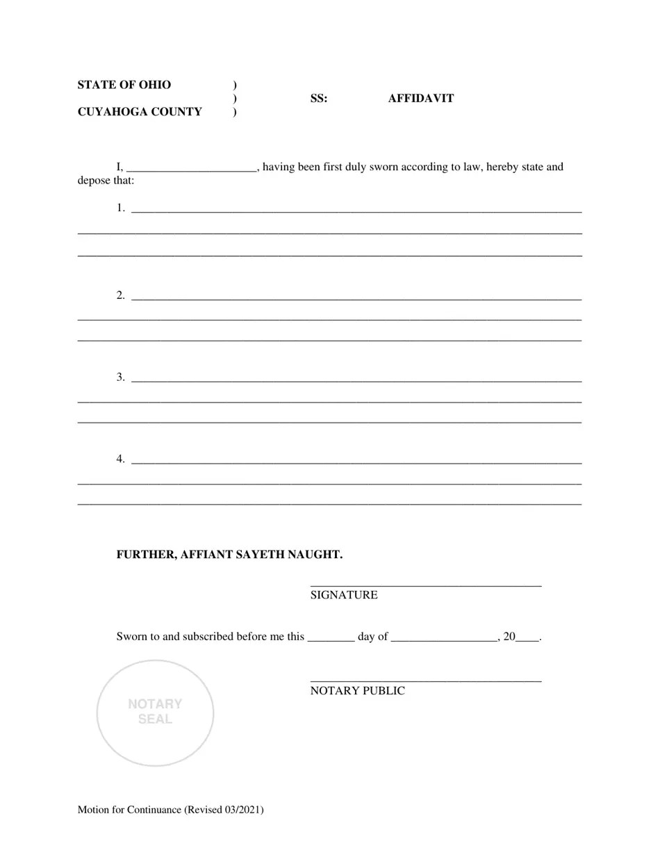 Cuyahoga County, Ohio Motion for Continuance Fill Out, Sign Online