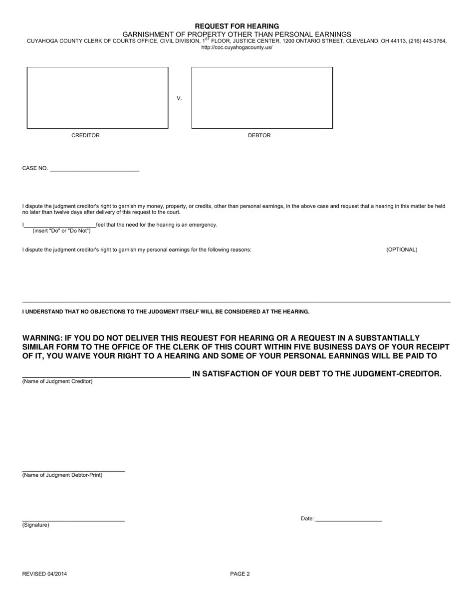 Cuyahoga County, Ohio Notice to Judgment Debtor Garnishment of