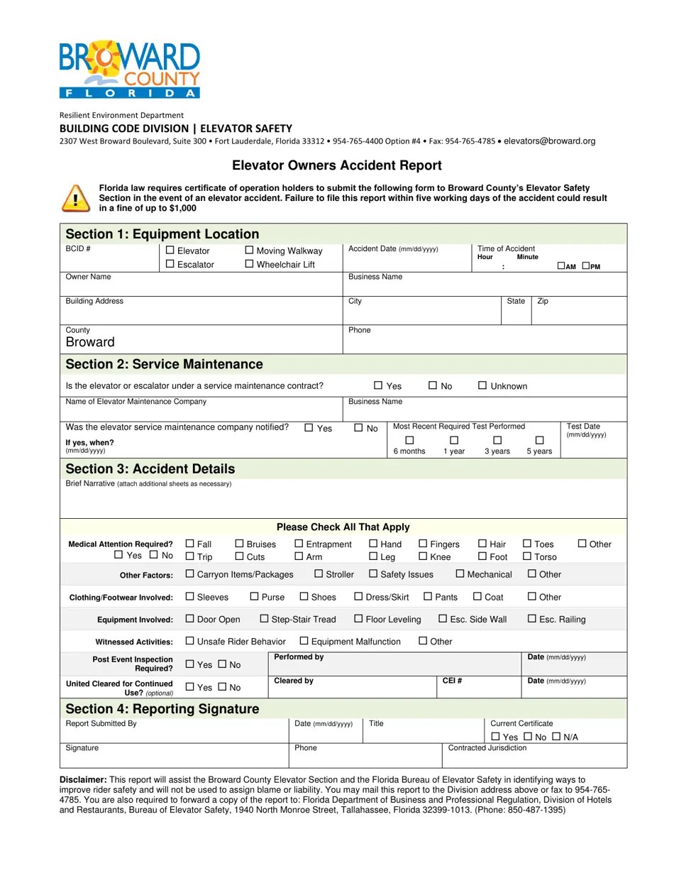 Broward County, Florida Elevator Owners Accident Report Fill Out