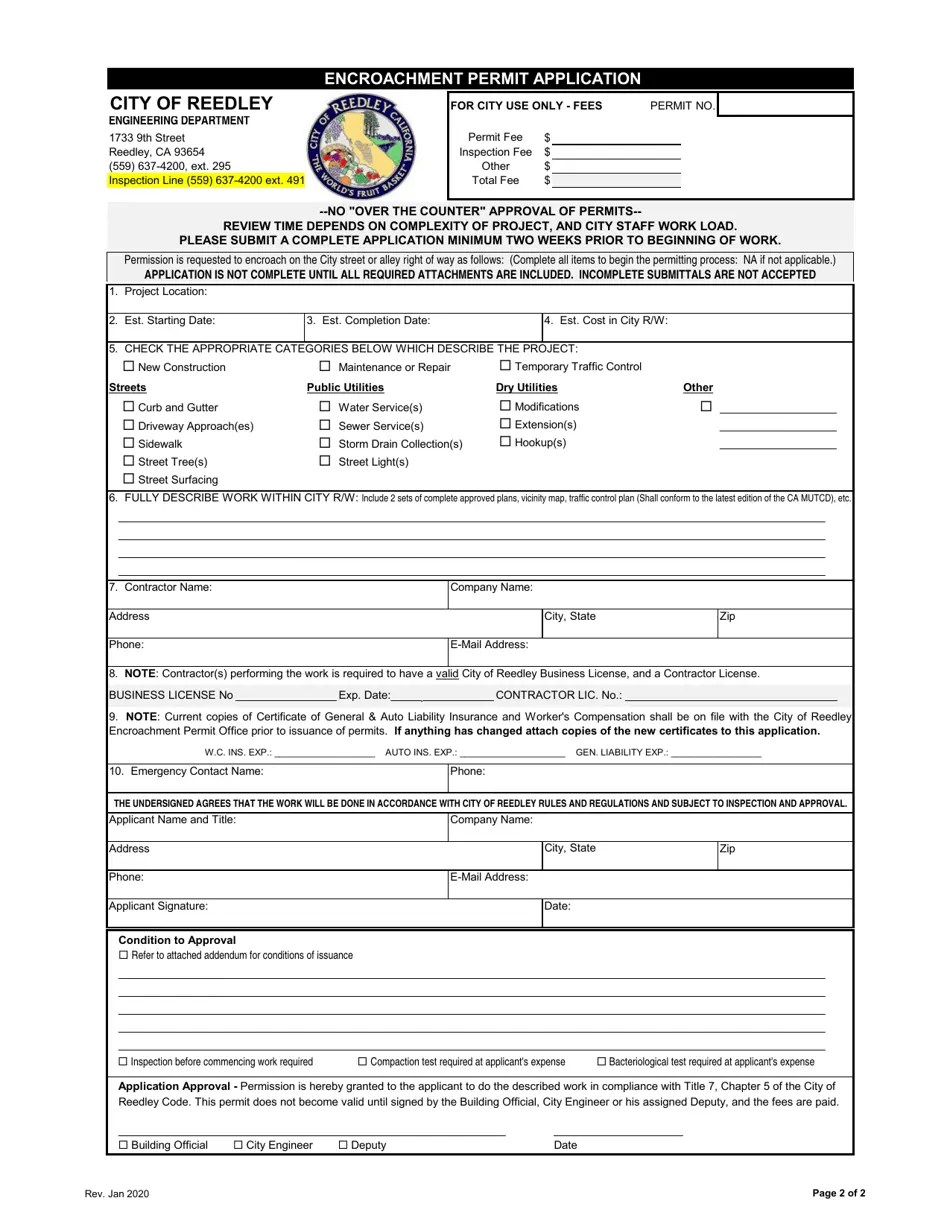 City of Reedley, California Encroachment Permit Application Fill Out