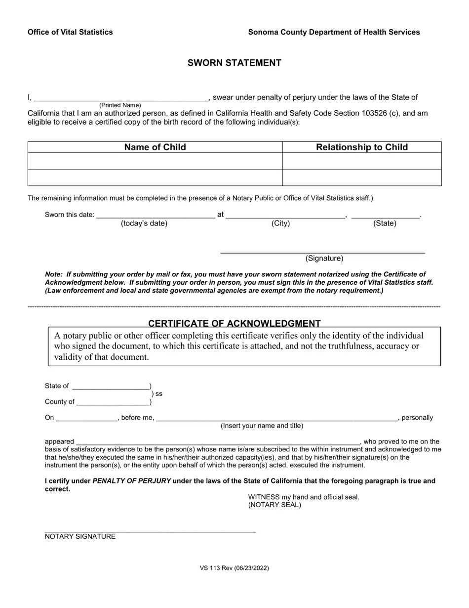 Form VS113 2022 Fill Out, Sign Online and Download Printable PDF