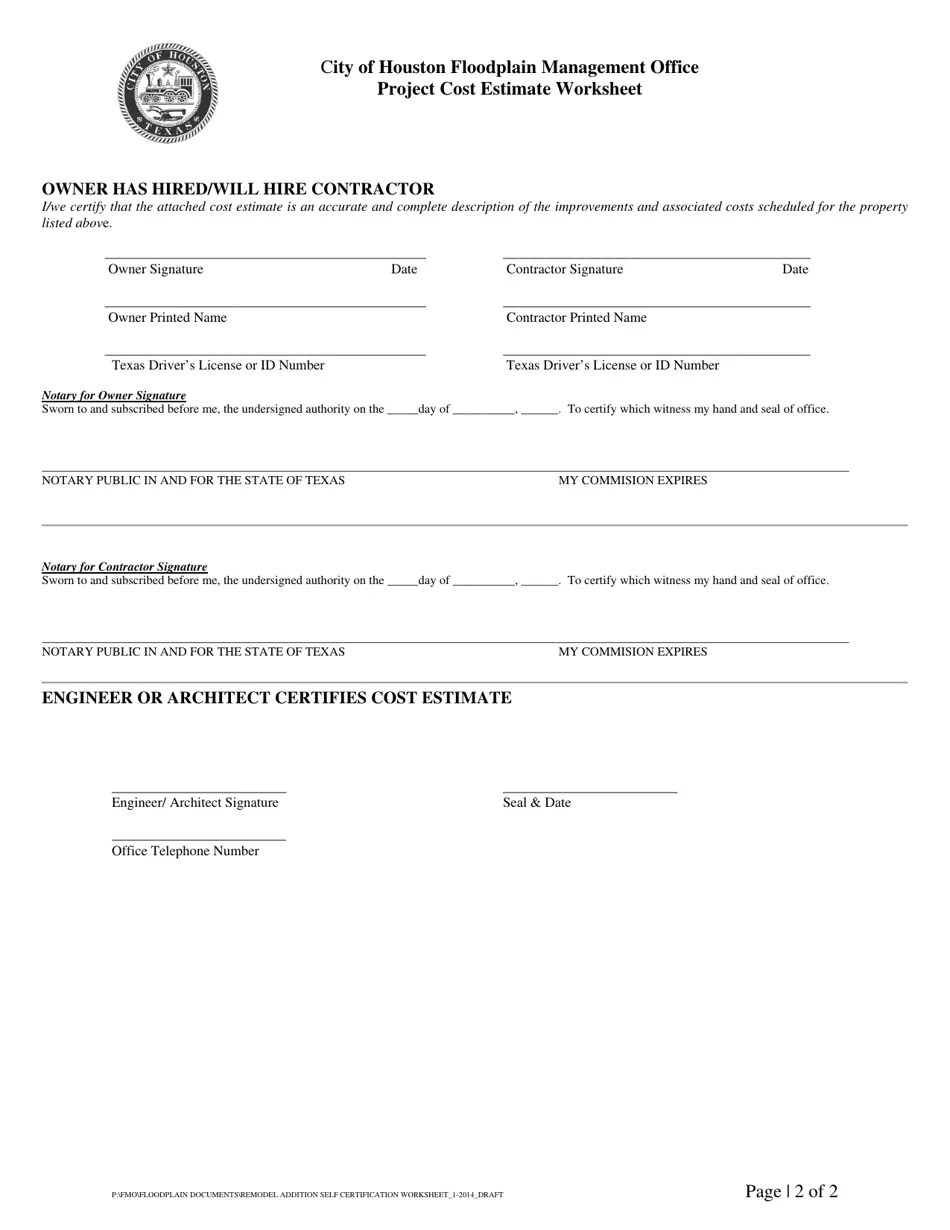 City of Houston, Texas Project Cost Estimate Worksheet Fill Out, Sign