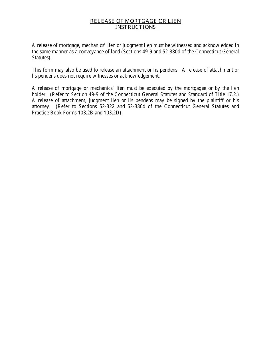 Connecticut Release of Mortgage or Lien Form Fill Out, Sign Online and Download PDF