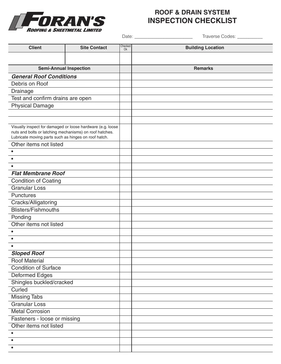 Roof & Drain System Inspection Checklist Template Foran's Roofing