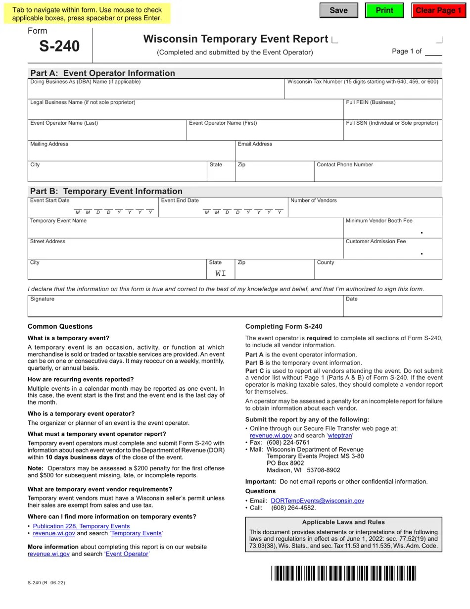 Form S240 Fill Out, Sign Online and Download Fillable PDF, Wisconsin(09)