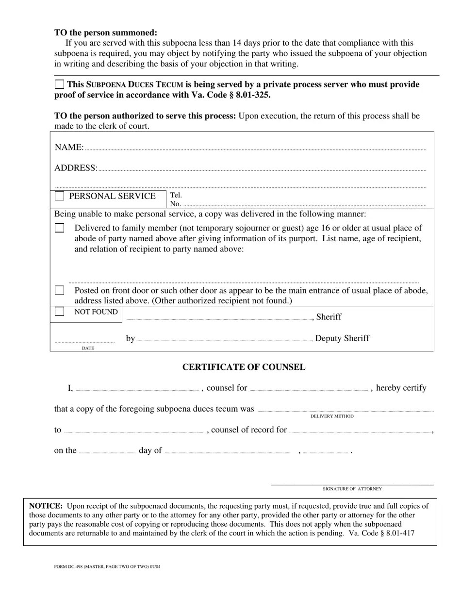 Form DC498 Download Fillable PDF or Fill Online Subpoena Duces Tecum