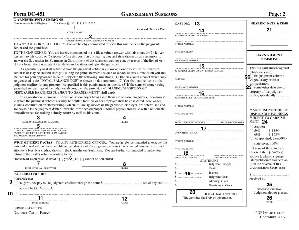 Download Instructions for Form DC451 Garnishment Summons PDF Templateroller