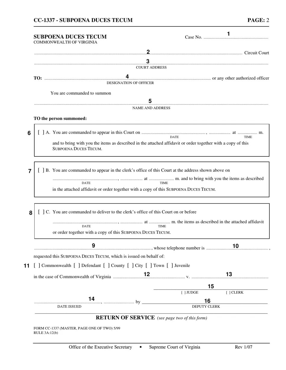 Download Instructions for Form CC1337 Subpoena Duces Tecum PDF