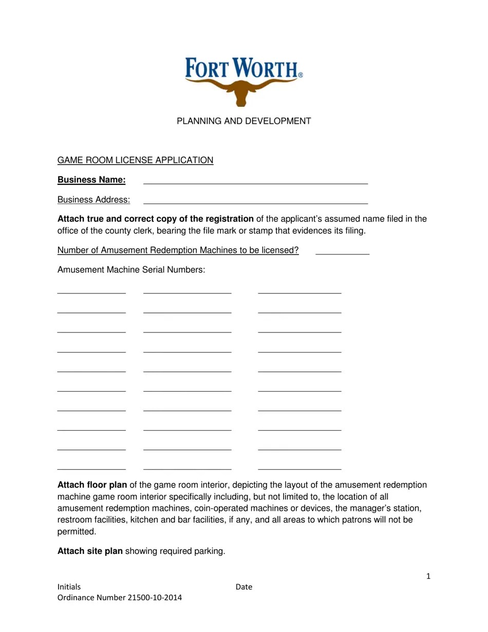City of Fort Worth, Texas Game Room License Application Fill Out