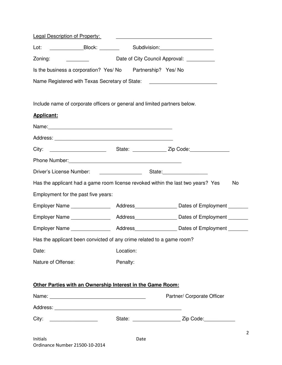 City of Fort Worth, Texas Game Room License Application Fill Out