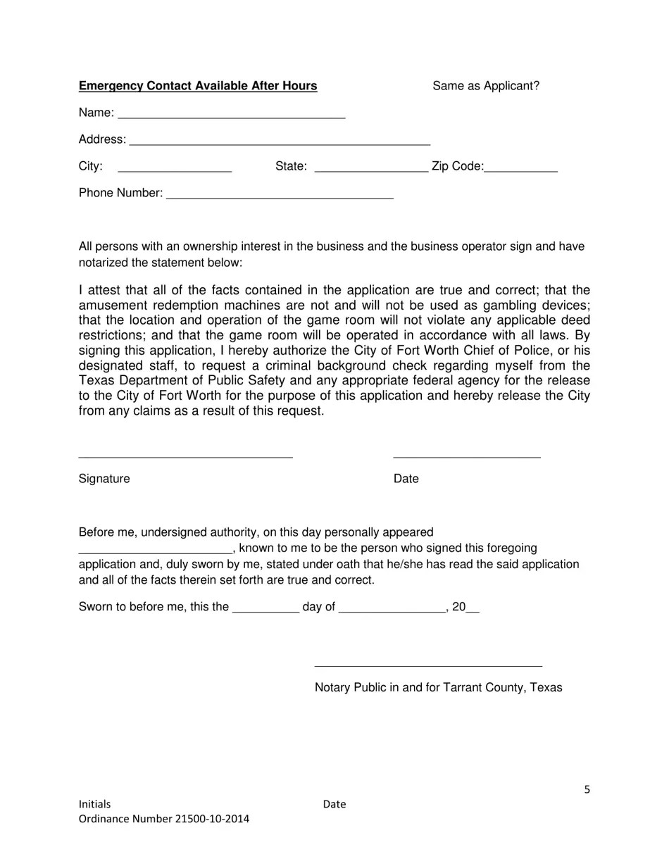 City of Fort Worth, Texas Game Room License Application Fill Out