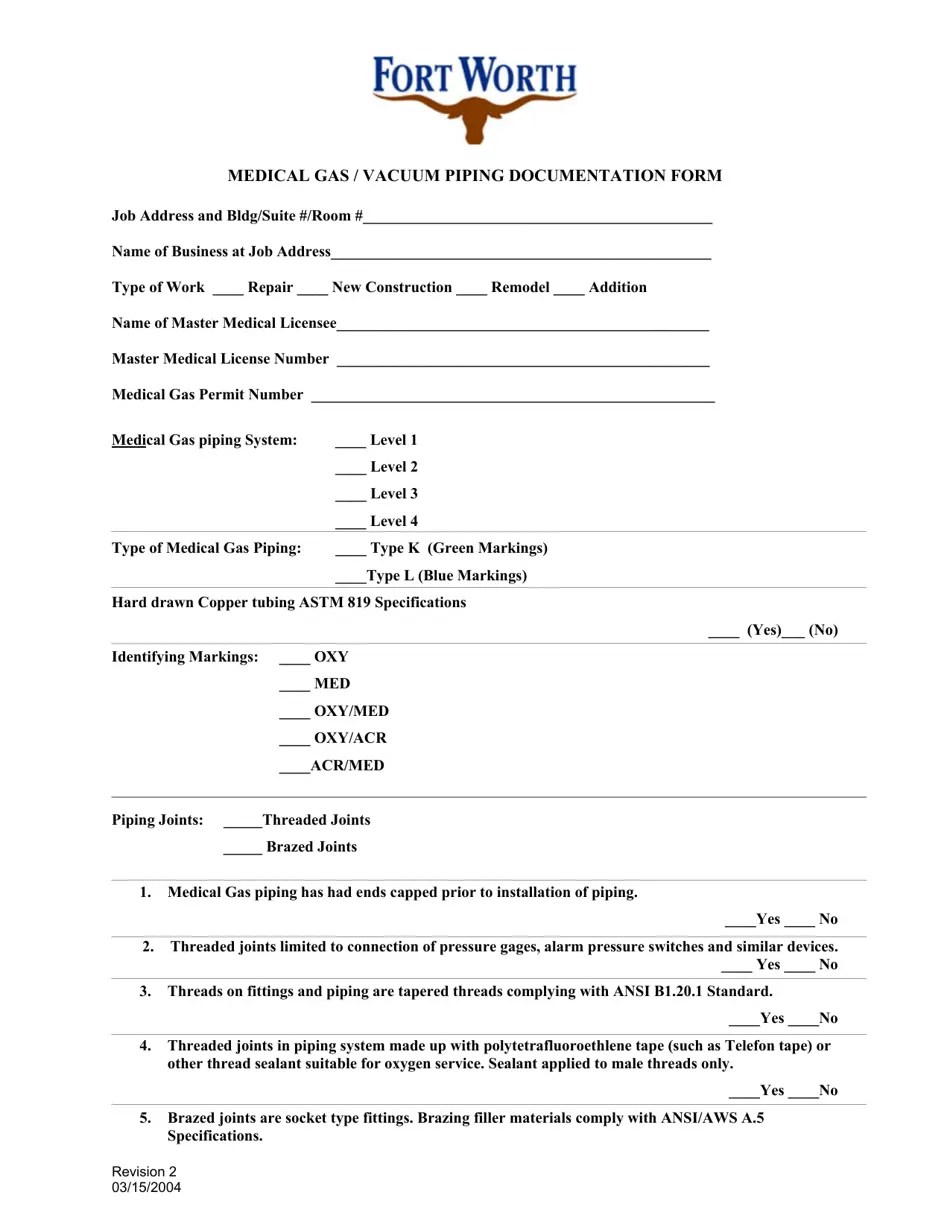 City of Fort Worth, Texas Medical Gas/Vacuum Piping Documentation Form Fill Out, Sign Online