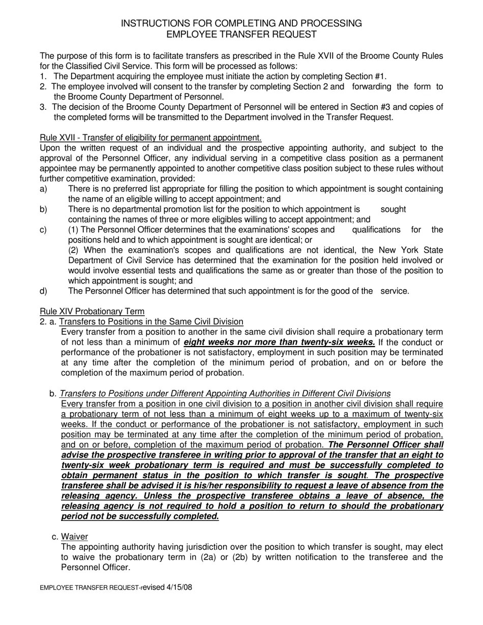 Broome County, New York Employee Transfer Request Fill Out, Sign