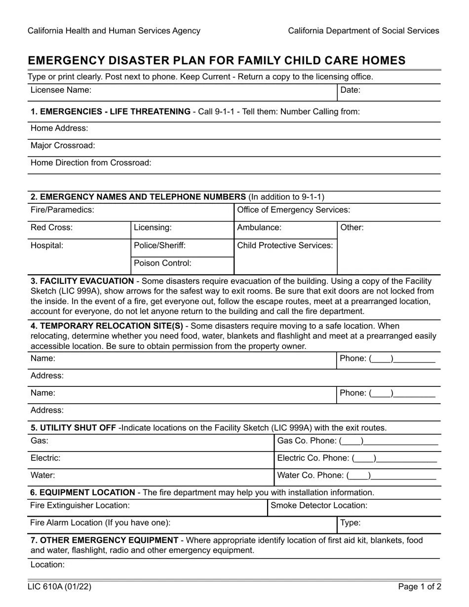 Form LIC610A Download Fillable PDF or Fill Online Emergency Disaster Plan for Family Child Care