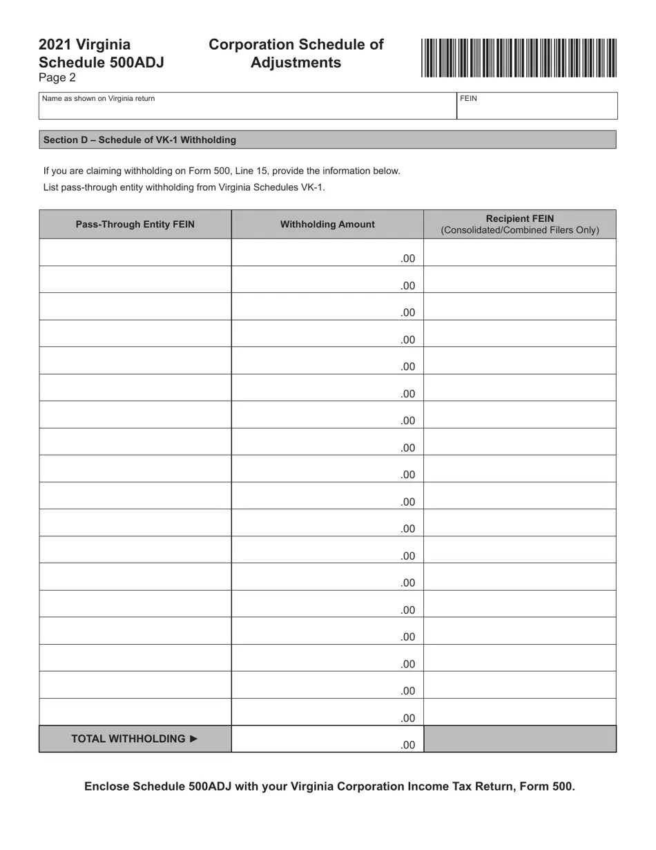 2021 Virginia Corporation Schedule of Adjustments Fill Out, Sign