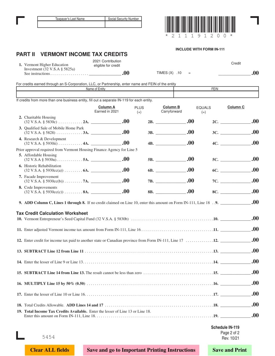 2021 Vermont Vermont Tax Adjustments and Nonrefundable Credits Fill