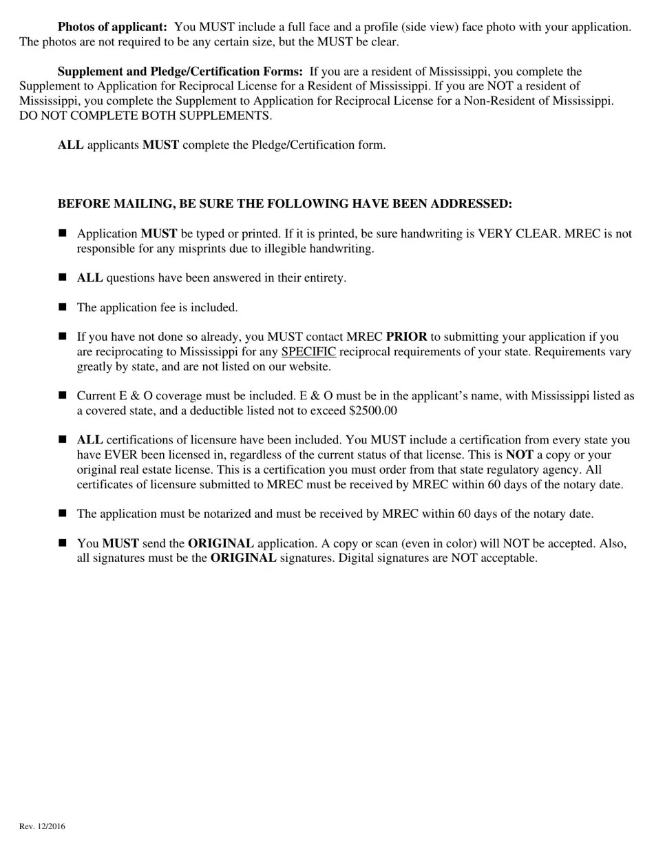 Mississippi Application for a Nonresident or Reciprocal Salesperson's